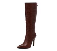 REKALFO Women Knee High Boots Stiletto Heel Pointed Toe Elegant Comfortable Cute Booties Back Zipper Wine-red 5.5 UK