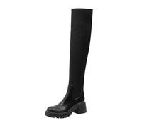 REKALFO Women Over The Knee Boot Elastic Round Toe Platform Knitting Chunky Block Heel Slip-On Trendy Block Stretch Fashion Cute Thigh High Boots Black 8 UK