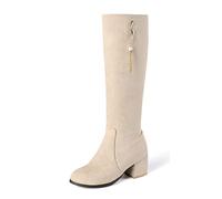 REKALFO Women Soft Breathable Suede Nubuck Boots side zip Knee High chunky Heel winter casual boot beige 5 UK
