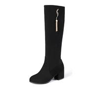 REKALFO Women Soft Breathable Suede Nubuck Boots side zip Knee High chunky Heel winter casual boot black 2 UK
