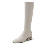 REKALFO Women Soft Breathable Suede Nubuck side zip Knee High chunky Heel cold-weather boot beige 5 UK