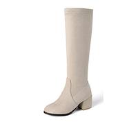 REKALFO Women Soft Breathable Suede Nubuck side zip Knee High chunky Heel cold-weather boot beige 5.5 UK