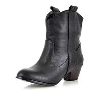 REKALFO Women Soft Leather short Boots pull-on ankle-high chunky Heel winter boot black 5.5 UK