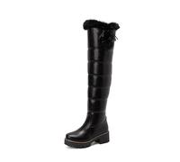 REKALFO Women's Over The Knee High Low Block Heel furry lining Boots Black 6 UK