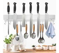 Rekehome Magnetic Knife Holder, 43cm Silver Magnetic Knife Strip with 10 Hooks, Magnet Knife Rack No Drilling with Extra Strong Magnet