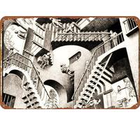 Relativity by M. C. Escher Tin Logo Vintage Art Poster Wall Decoration Home Door Garden Bar Cafe Office Restaurant Shop Club Logo Gift 12 X 8 inches