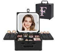 Relavel Birthday Gifts for Women Teen Girls, Initial Makeup Bag with LED Mirror Personalized Cosmetic Bag Travel Organizer Train Case, Teacher Graduation Gift Teen Girl Gifts Trendy Stuff, Black F