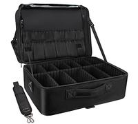 Relavel Extra Large Makeup Case, Portable Travel Makeup Train Case, Professional Makeup Artist Bag with Adjustable Dividers, Travel Cosmetic Bag with Attach to Trolley/Shoulder Strap (Black)