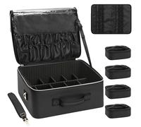 Relavel Extra Large Makeup Case Professional Cosmetic Storage Organizer Box Brush Holder with 4 Clear Set Bags & Lipstick Plate for Makeup Artists, Black leather, XL, Extra Large Makeup Case With 4