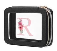 Relavel Initial Makeup Bag, Clear Makeup Organizer Waterproof Toiletry Bags for Traveling Women, Small Travel Pouch Bags with Zipper, Christmas Gift for Women Girls Daily Use ＆ Vacation (Black R)