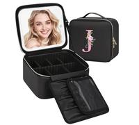 Relavel Initial Makeup Bag with LED Mirror for Women, Personalized Travel Cosmetic Organizer Train Case, Birthday Gifts for Teens Girls Grandkids Graduation Teacher Friends, Trendy Stuff, Black J