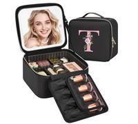 Relavel Initial Makeup Bag with LED Mirror for Women, Personalized Travel Cosmetic Organizer Train Case, Birthday Gifts for Teens Girls Grandkids Graduation Teacher Friends, Trendy Stuff, Black T