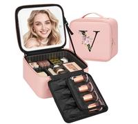 Relavel Initial Makeup Bag with LED Mirror for Women, Personalized Travel Cosmetic Organizer Train Case, Christmas Gifts for Teens Girls Grandkids Graduation Teacher Friends, Trendy Stuff, Pink V