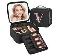 Relavel Initial Makeup Bag with LED Mirror for Women, Personalized Travel Cosmetic Organizer Train Case, Birthday Gifts for Teens Girls Grandkids Graduation Teacher Friends, Trendy Stuff, Black V
