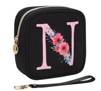 Relavel Initial Small Makeup Bag for Purse, Personalized Gifts for Women Girls Travel Cosmetic Pouch with Card Slot, Mini Lipstick Pouch with Removable Handle, Portable Skincare Bag For Daily, Black N