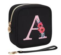 Relavel Initial Small Makeup Bag for Purse, Personalized Gifts for Women Girls Travel Cosmetic Pouch with Card Slot, Mini Lipstick Pouch with Removable Handle, Portable Skincare Bag For Daily, Black A