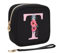Relavel Initial Small Makeup Bag for Purse, Personalized Gifts for Women Girls Travel Cosmetic Pouch with Card Slot, Mini Lipstick Pouch with Removable Handle, Portable Skincare Bag For Daily, Black T