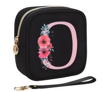 Relavel Initial Small Makeup Bag for Purse, Personalized Gifts for Women Girls Travel Cosmetic Pouch with Card Slot, Mini Lipstick Pouch with Removable Handle, Portable Skincare Bag For Daily, Black O