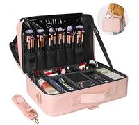Relavel Large Makeup Bag, Makeup Organizer Case Travel, Professional Cosmetics Artist Portable Bag, 3 Layers Makeup Train Case with Elastic Makeup Brush Slots Shoulder Strap Adjustable Dividers(Pink)