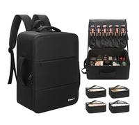 Relavel Makeup Backpack Extra Large Travel Train Case Professional Makeup Artist Kit Set Bag with 4 Clear Bags, Brush Storage Organizer Box with Dividers for Cosmetic Hair Tools Barber Supplies, Black