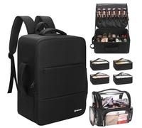 Relavel Makeup Bag Travel Train Case Makeup Backpack with 4 Clear Bags & Makeup Brush Case, Professional Makeup Artist Kit Set Bags, Cosmetics Storage Organizer Box with Adjustable Dividers, Black