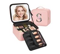 Relavel Makeup Bag with LED Mirror Cute Personalized Initial Makeup Bag for Women Pink Cosmetic Travel Toiletry Bag Girl Gifts, Pink, S