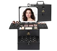 Relavel Makeup Bag with LED Mirror, Dual Layer Cosmetic Train Case with Light up Mirror Large Travel Makeup Artist Organizer Bag for Women with Adjustable Dividers & Nail Polish Organizer, Black