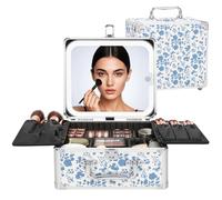 Relavel Makeup Bag with LED Mirror, Makeup Box Travel Train Case with Rechargeable Lighted Mirror, Cosmetic Brush Organizer Storage for Makeup Artists Gifts for Women and Girls, Floral Print