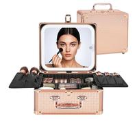 Relavel Makeup Bag with LED Mirror, Travel Makeup Cases with 3 Color Lights, Large Capacity Cosmetic Train Case for Women, Portable Makeup Artist Organizer Bag with Adjustable Dividers,Rose Gold