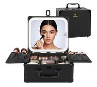 Relavel Makeup Bag with LED Mirror, Travel Makeup Cases with 3 Color Lights, Large Capacity Cosmetic Train Case for Women, Portable Makeup Artist Organizer Bag with Adjustable Dividers