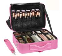 Relavel Makeup Case Large Makeup Bag Professional Train Case Travel Cosmetic Organizer Brush Holder Waterproof Makeup Artist Storage Box, 3 Layer Large Capacity, with Adjustable Strap, Rose Pink