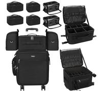 Relavel Rolling Makeup Case Professional Makeup Train Case Travel Beauty Luggage Trolley 8 in 1 with Detachable Cosmetic Case and Dual Makeup Brush Case 4 Mini Bags and Wheels(Black,4-Pack)
