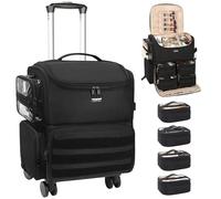 Relavel Rolling Makeup Train Case, Cosmetology Case on Wheels with 4 Clear Bags, Professional Makeup Artist Set Bags Cosmetic Storage Organizer with Adjustable Dividers, 360° Spinner Wheels, Black