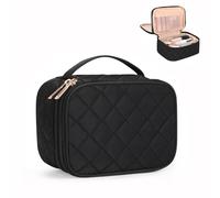 Relavel Small Makeup Bag, Travel Cosmetic Bag with Makeup Brush Compartment, Cute Make Up Pouch for Women, Double Layer Toiletry Organizer for Short Trip, Office - Black