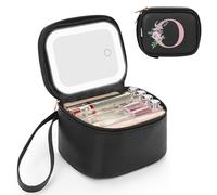 Relavel Small Makeup Bag with Led Mirror, Initial Make Up Bags for Women with 3 Light Modes, Personalized Cosmetic Case with Wrist Strap, Rechargeable Portable Makeup Pouch for Party丨Trip, Black