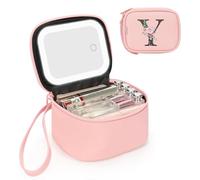 Relavel Small Makeup Bag with Led Mirror, Initial Make Up Bags for Women with 3 Light Modes, Personalized Cosmetic Case with Wrist Strap, Rechargeable Portable Makeup Pouch for Party丨Trip (Pink, P)