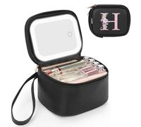 Relavel Small Makeup Bag with Led Mirror, Initial Make Up Bags for Women with 3 Light Modes, Personalized Cosmetic Case with Wrist Strap, Rechargeable Portable Makeup Pouch for Party丨Trip (Black, I)