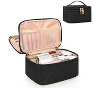 Relavel Travel Makeup Bag, Large Cosmetic Bag with Separate Makeup Brush Compartment, Cute Make Up Pouch for Women, Double Layer Toiletry Organizer Bag for Travel - Black