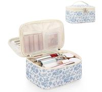 Relavel Travel Makeup Bag, Large Floral Cosmetic Bag with Makeup Brush Compartment, Portable Makeup Pouch for Women, Double Layer Makeup Organizer Bag Cute Toiletry Bag