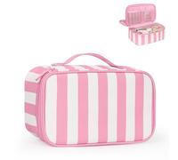 Relavel Travel Makeup Bag, Small Floral Cosmetic Bag with Makeup Brush Compartment, Portable Makeup Pouch for Women, Double Layer Makeup Organizer Bag Cute Toiletry Bag, Wide Strip