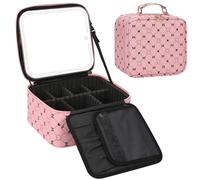 Relavel Travel Makeup Bag With LED Mirror, Compact Cosmetic Organizer Storage with Brush Compartment, 3 Colors in Adjustable Brightness, Adjustable Dividers, Make Up Train Case - Pink Bowknot