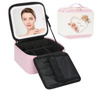 Relavel Travel Makeup Bag With LED Mirror, Portable Cosmetic Bag Organizer with Adjustable Brightness in 3 Color Scenarios, Small Cute Train Case with Detachable Dividers for Trip- Pink Strip