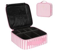Relavel Travel Makeup Train Case Makeup Cosmetic Case Organizer Portable Artist Storage Bag with Adjustable Dividers for Cosmetics Makeup Brushes Toiletry Jewelry, Pink Stripe, A Small, Travel Makeup