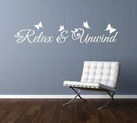 RELAX and UNWIND quote, floral design with butterflies, wall art sticker decal words, WHITE, 80x17.5 cm