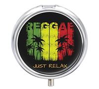Relax Reggae Music Palm Trees On Black Iron Pill Box Case Organizer with Internal Separate Plastic Dividers, Travel Small Medicine Bag Holder Carrier Round Container