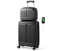 RELAX4LIFE 2 Piece Suitcase Set, 20 Inch Carry-on Luggage and 14 Inch Cosmetic Case with 8 Spinner Wheels, TSA Lock & USB Port, Lightweight PP Hardshell Suitcase Airline Approved Cabin (Black)