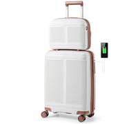RELAX4LIFE 2 Piece Suitcase Set, 20 Inch Carry-on Luggage and 14 Inch Cosmetic Case with 8 Spinner Wheels, TSA Lock & USB Port, Lightweight PP Hardshell Suitcase Airline Approved Cabin (White)