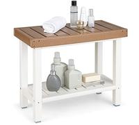 RELAX4LIFE 2-Tier Bathroom Stool, HDPE Slatted Shower Seat with Anti-Slip Pads, Bath SPA Corner Display Rack for Bathroom Hallway Living Room (Brown + White)