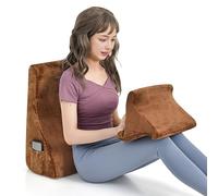 RELAX4LIFE 2PCS Wedge Pillow Set, High Resilience Foam Bed Pillow with Tablet Pillow Stand, Side Pockets & Zipper, 4-IN-1 Ergonomic Orthopedic Leg Pillow for Sleeping Reading Snoring (Brown)