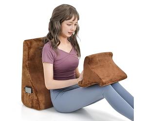 RELAX4LIFE 2PCS Wedge Pillow Set, High Resilience Foam Bed Pillow with Tablet Pillow Stand, Side Pockets & Zipper, 4-IN-1 Ergonomic Orthopedic Leg Pillow for Sleeping Reading Snoring (Brown)